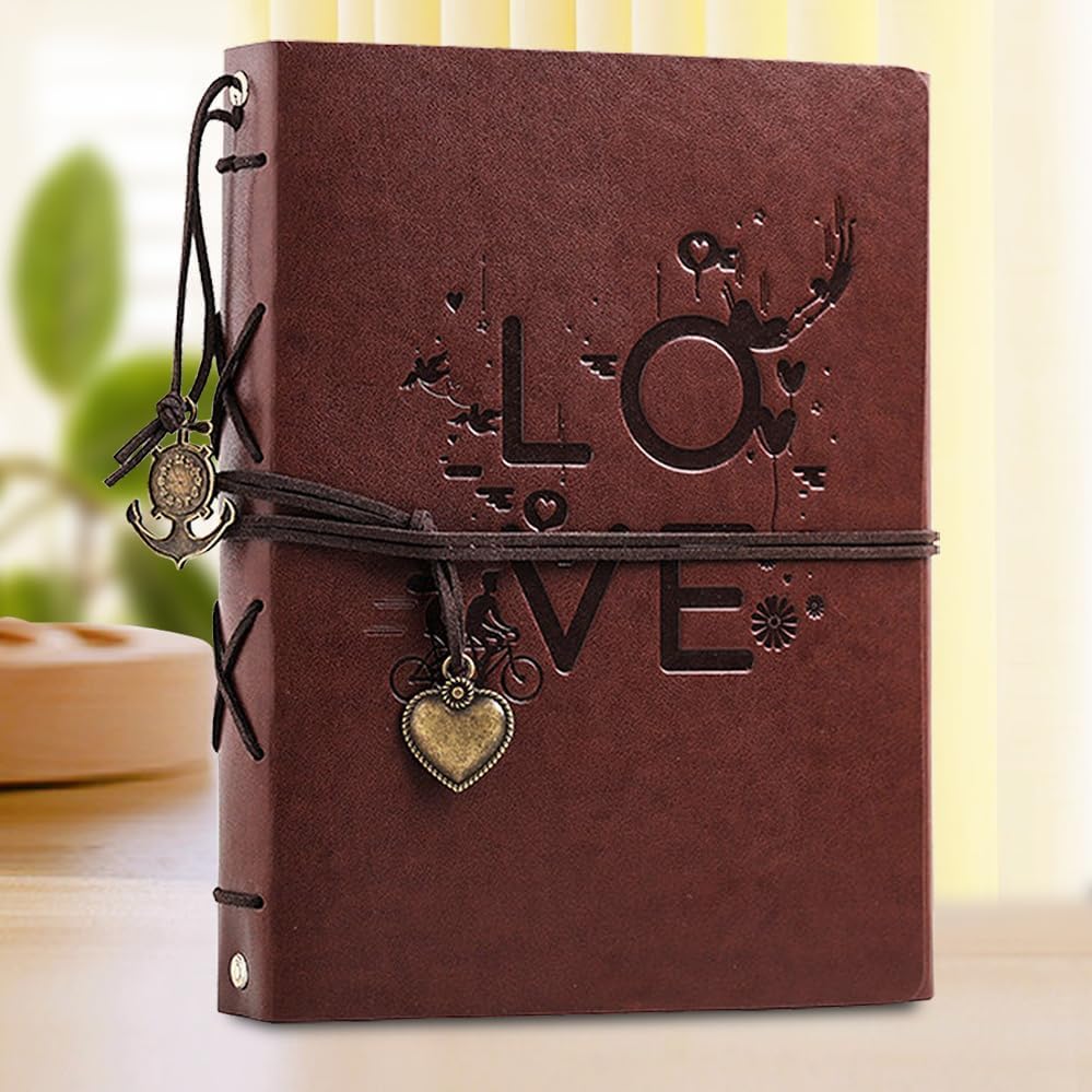 Azonee Photo Album Scrapbook, 4x6 Leather Photo Albums with Writing Space with 30 Writing Paper, Black Thick Kraft Blank Writing Paper, Textured Leather Cover Pictures Album Memory Book