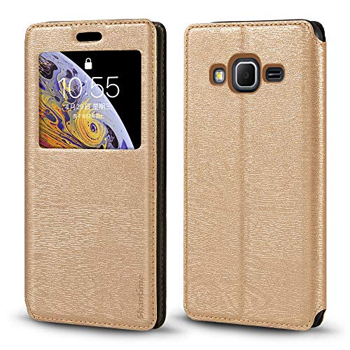 Coque à Rabat en Cuir PU avec Fenêtre Visible et Aimant Invisible Compatible avec Samsung Galaxy Core Prime, Étui Intelligent à Affichage Clair (Or)