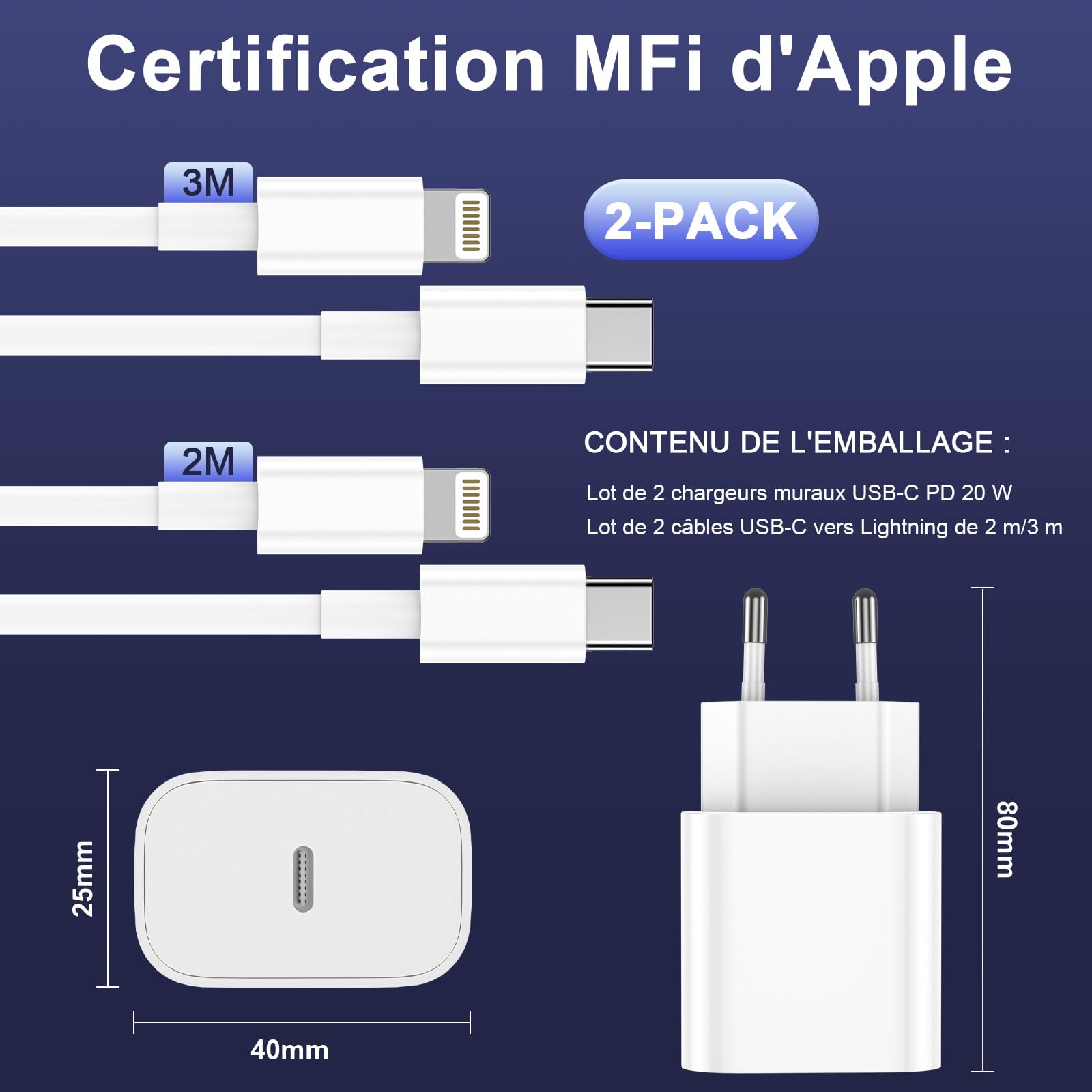 Chargeur iPhone,2Pack Chargeur Rapide de 20W Adaptateur avec 2M&3M [Certifié Apple MFi ] USB-C de données Lightning Cordon de Charge Compatible avec iPhone 14 13 12 11 Pro Max XS XR X,iPad
