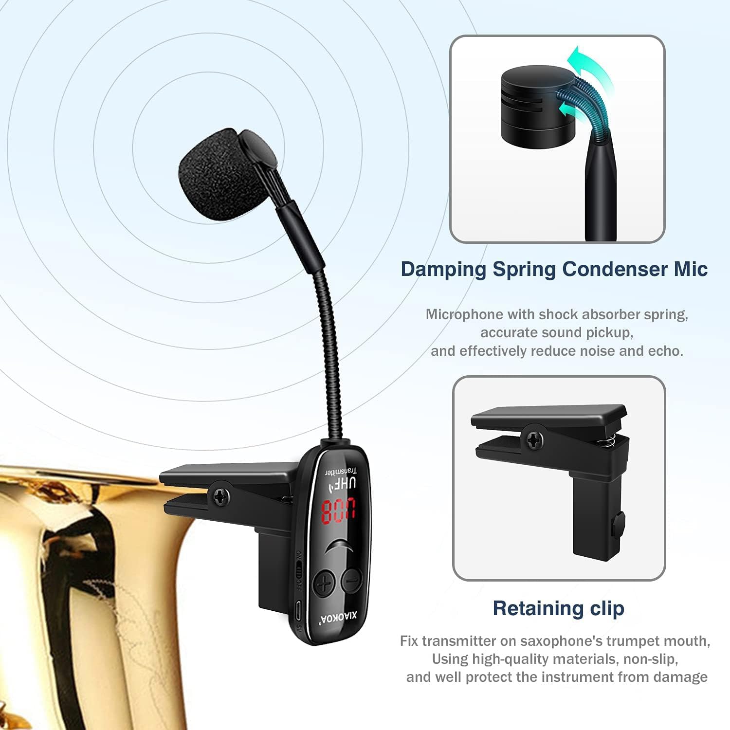 XIAOKOA Wireless Microphone for Saxophone, UHF Wireless Microphone for Musical Instruments, Wireless Receiver and Transmitter for Saxophone/Trumpet/Trombone/Clarinet