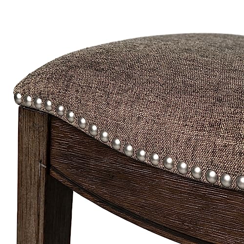 Maven Lane Adrien Backless Saddle Kitchen Counter Stool 25.7" H, Dark Walnut Finish And Stone Grey Performance Fabric, Nail Head Trim Design, Set Of 2 #TOP1