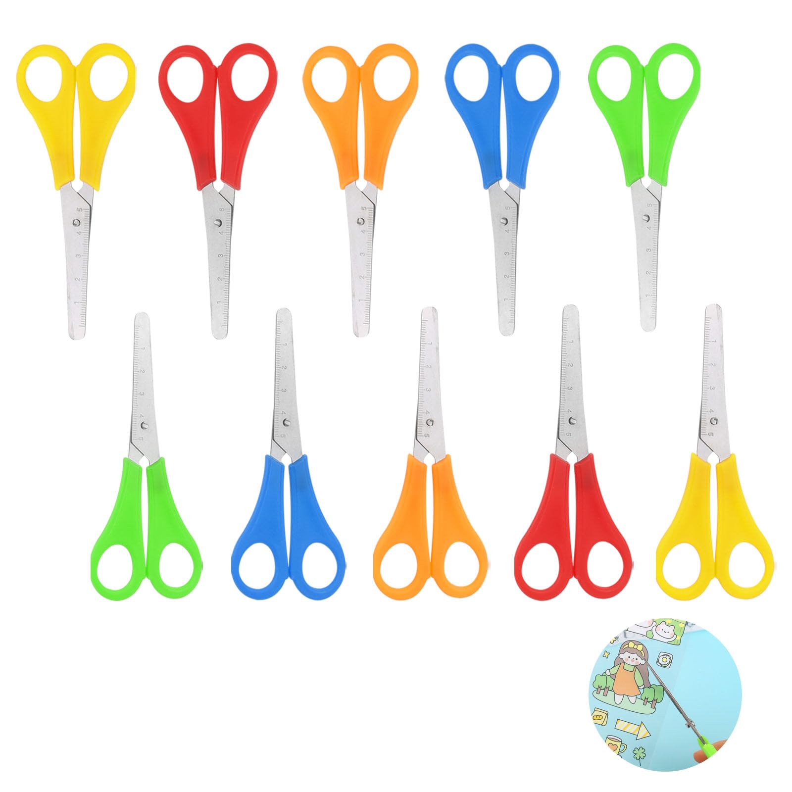 RUCUDIM Pack of 10 Children's Scissors, Stainless Steel Plastic, Multicolor, Ambidextrous, 13 cm, School Paper Scissors with cm Scale for DIY