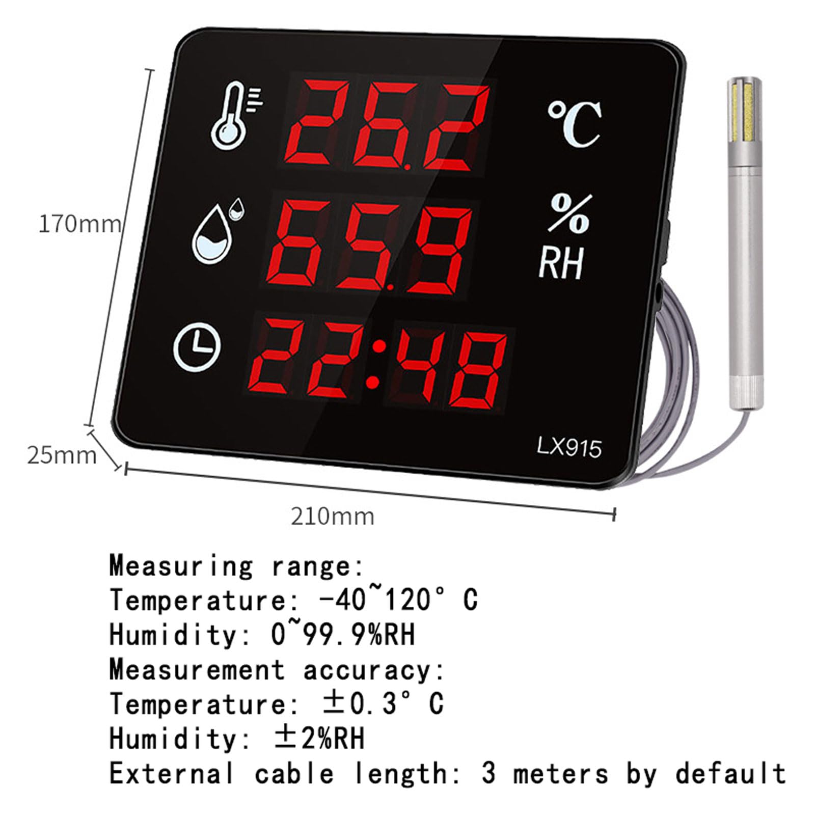 Termómetro Higrómetro Electrónico, Pantalla De Temperatura Digital De Alta Precisión con Sensor De 3 M Y Pantalla De Tiempo, para El Hogar, Taller, Laboratorio, Fábrica