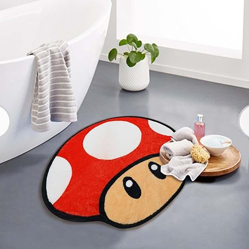 Miniatura 4 de Faptoena Bonita alfombra de baño de hongos rojos de forma irregular para niños, antideslizante, absorbente, lavable, alfombra de baño peluda,