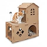 FurHaven Farmhouse Multi-Level Cardboard Cat House for Indoor Cats with Catnip & Toys, Double-Walled Corrugated Scratcher Designed for Lounging, Play & Comfort, One Size, Cardboard, Brown