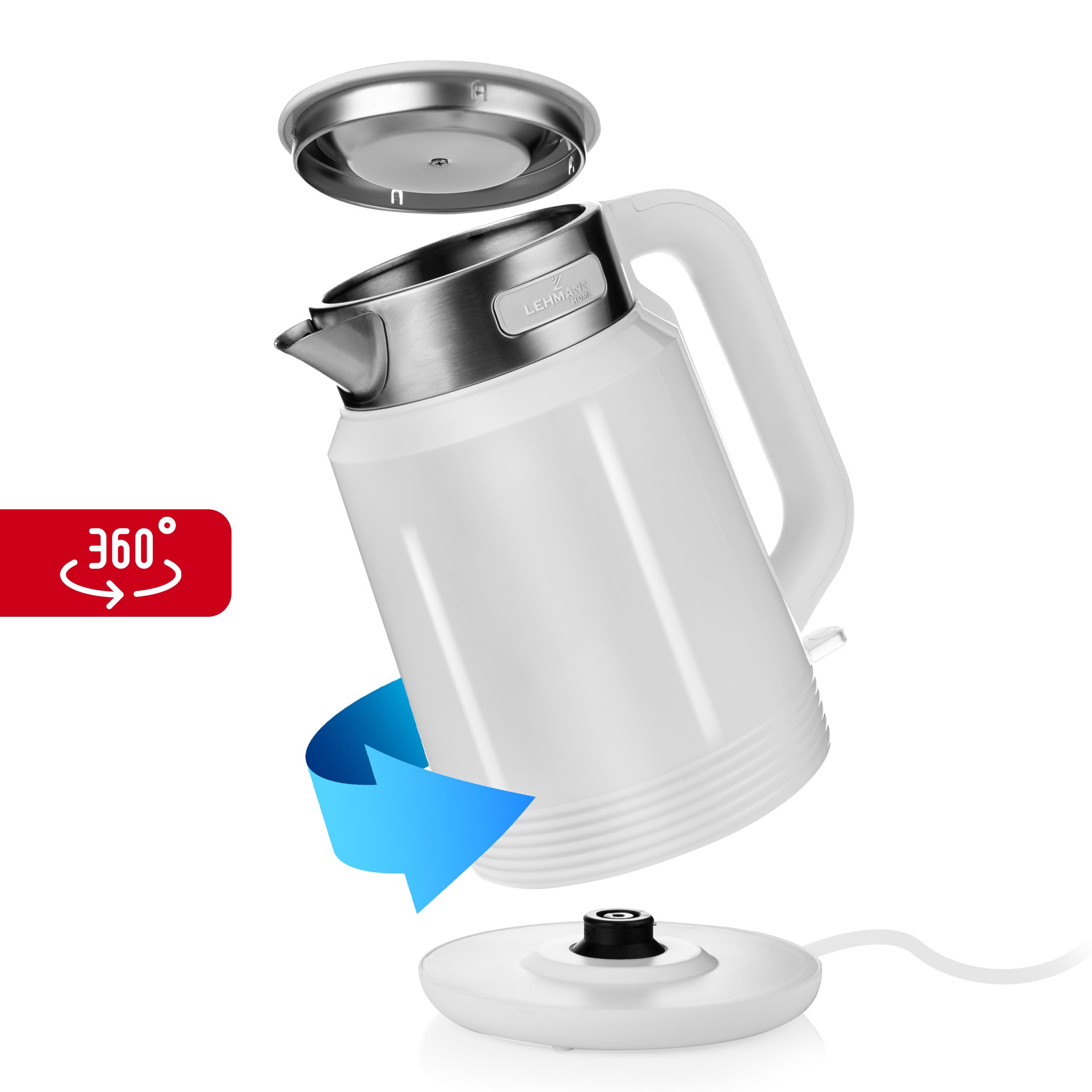 LEHMANN Bollitore Elettrico in Acciaio Inox, 2 L, 2200 W, Riscaldamento Rapido, Doppia Parete, Base Girevole 360°, Spegnimento Automatico, BPA‑free, ideale per Famiglie e Uffici, Bianco