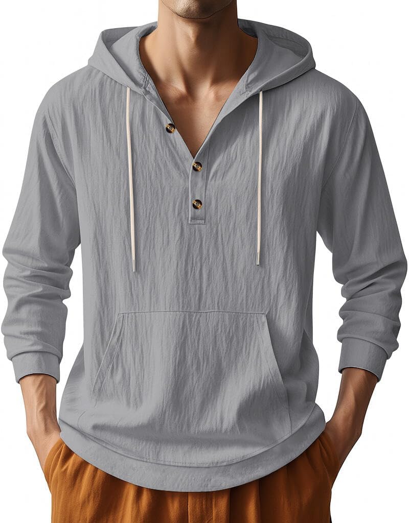 Men's Linen Hoodie Lightweight Hawaiian Shirt Casual Beach Shirt with Pockets