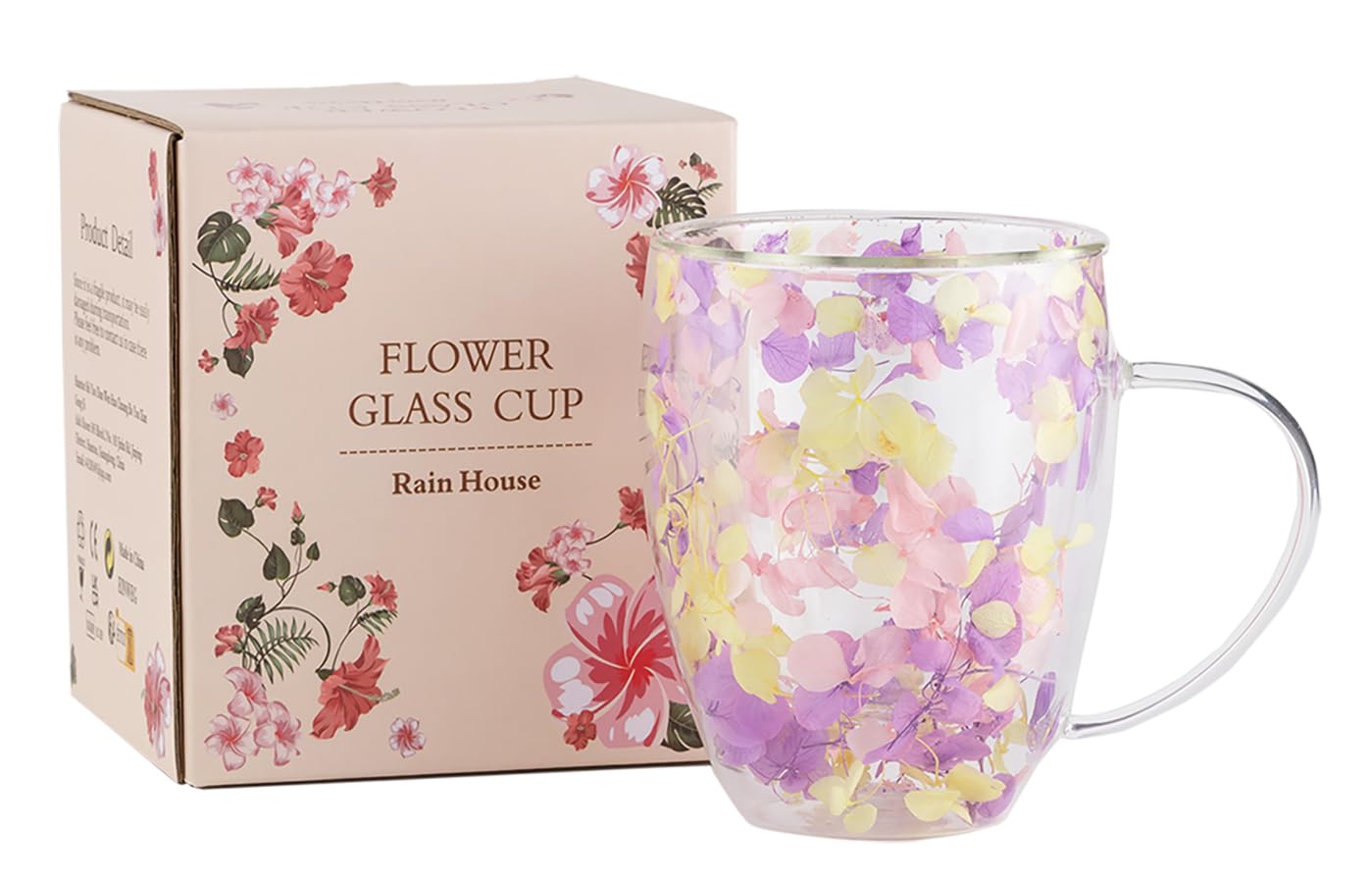 Dried Flower Double Wall Glass Cup, Aesthetic Flowers Coffee Mugs, Cute Insulated Tea Cups with Handle Heat Resistant for Women, Gifts for Birthday Mother's Day - Perfect for Wife Mom Friend (Rainbow)