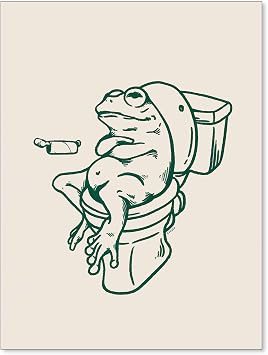 YYS Funny Frog on Toilet Poster Vintage Whimsical Animal Bathroom Wall Art Green Minimalist Canvas Painting for Restroom Wall Decor 12X16 inch Unframed