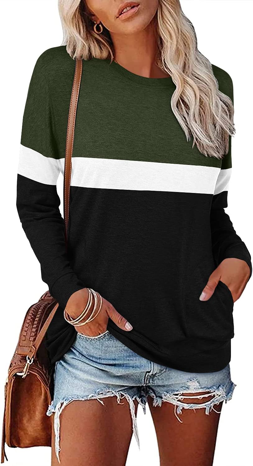 Magritta Girls Long Sleeve Tunic Tops with Pockets Striped Crew Neck Stretchy Loose Fit Color Block Sweatshirt Pullover for Women Green Black Small - Image 2
