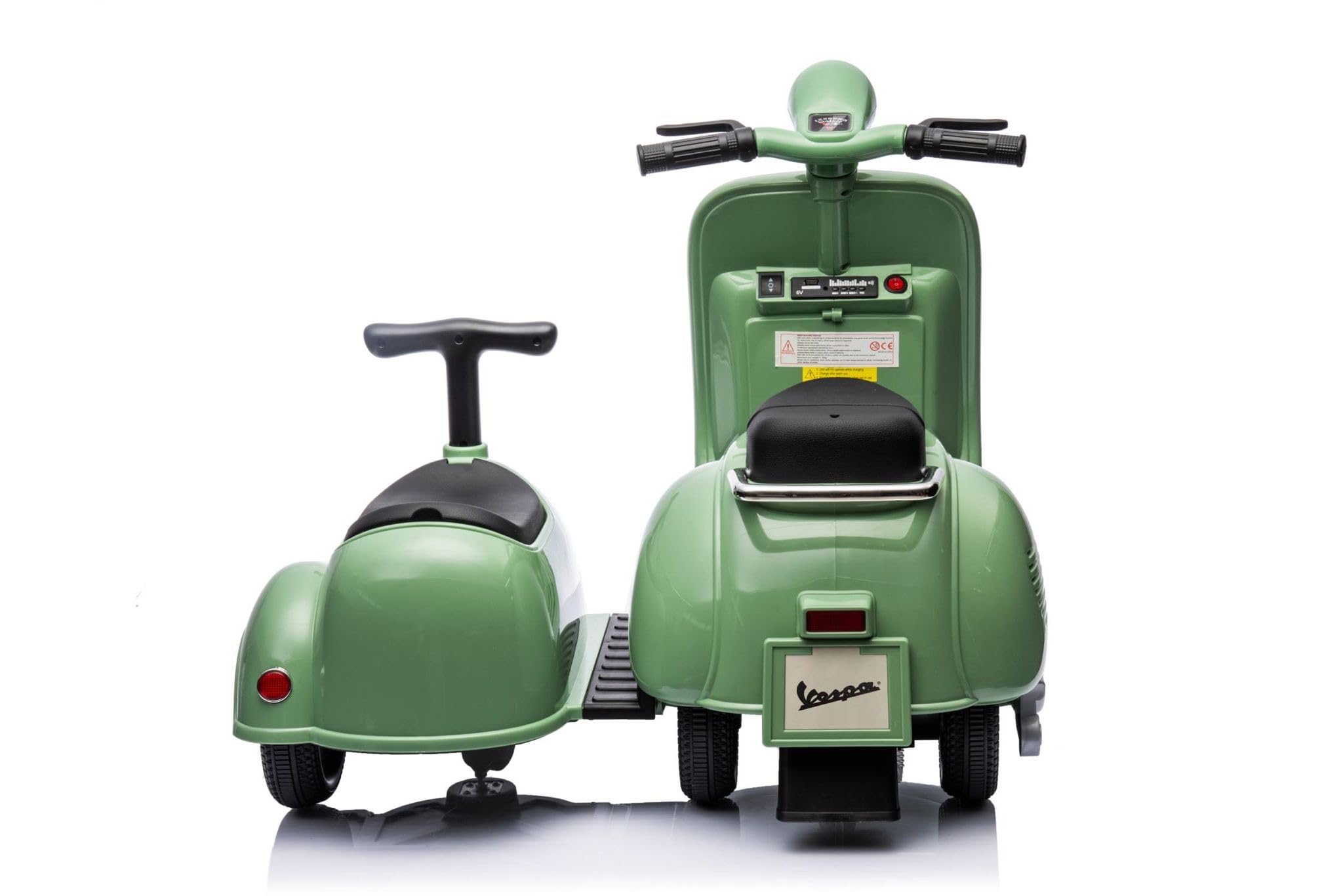 MR J toys&more Piaggio Vespa con Sidecar Small Elettrica 6V per Bambini con USB e luci mp3 Due posti Suoni e mp3 Elettrica (Verde)