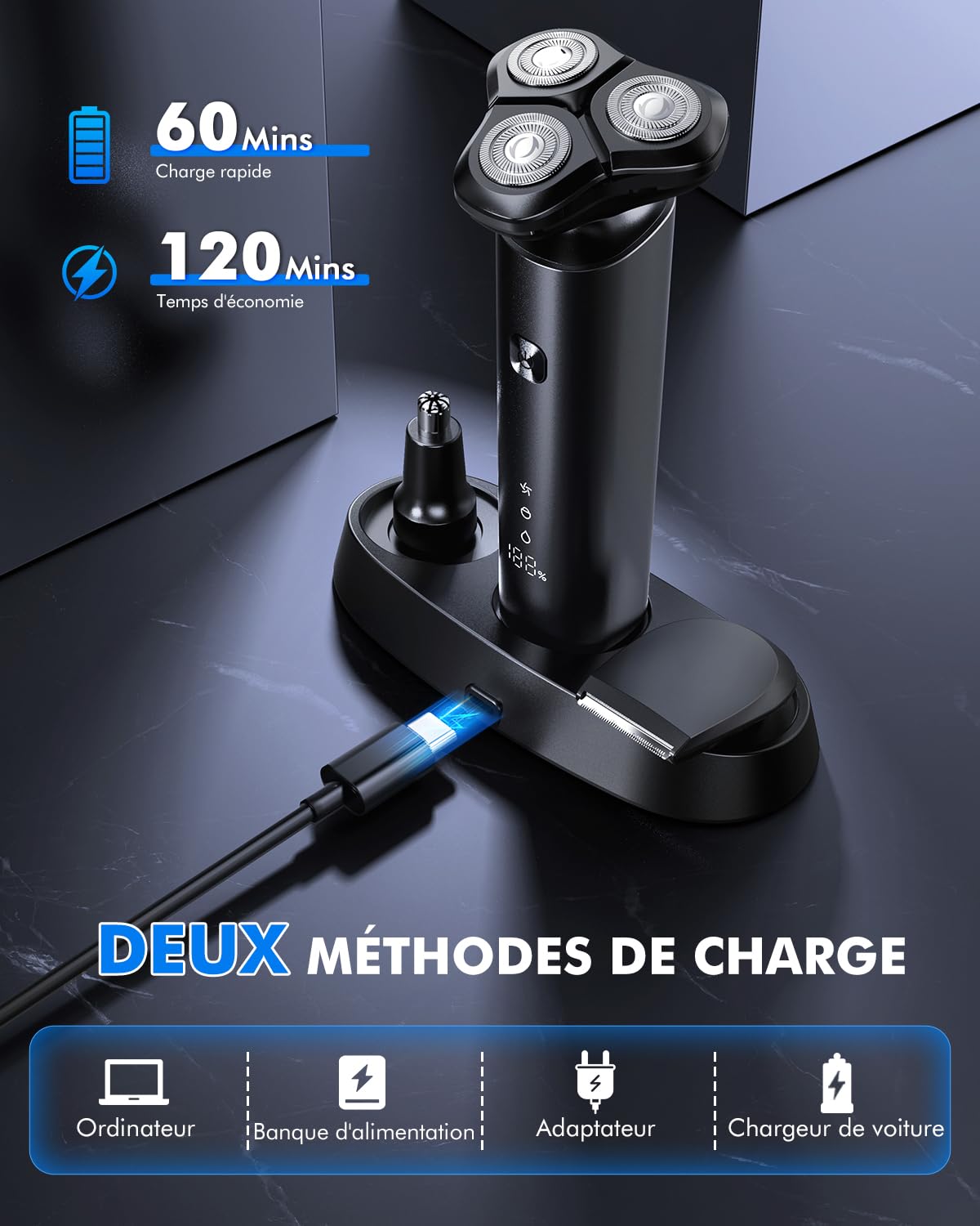 Rasoir Électrique Homme 3 en 1, Rasoir Electrique Tondeuse Barbe Hommes avec Tondeuse de Précision pour Barbe et Nez, 3D Têtes Flottantes, IPX7 Étanche Rasage Sec et Humide, Écran LCD & USB-C