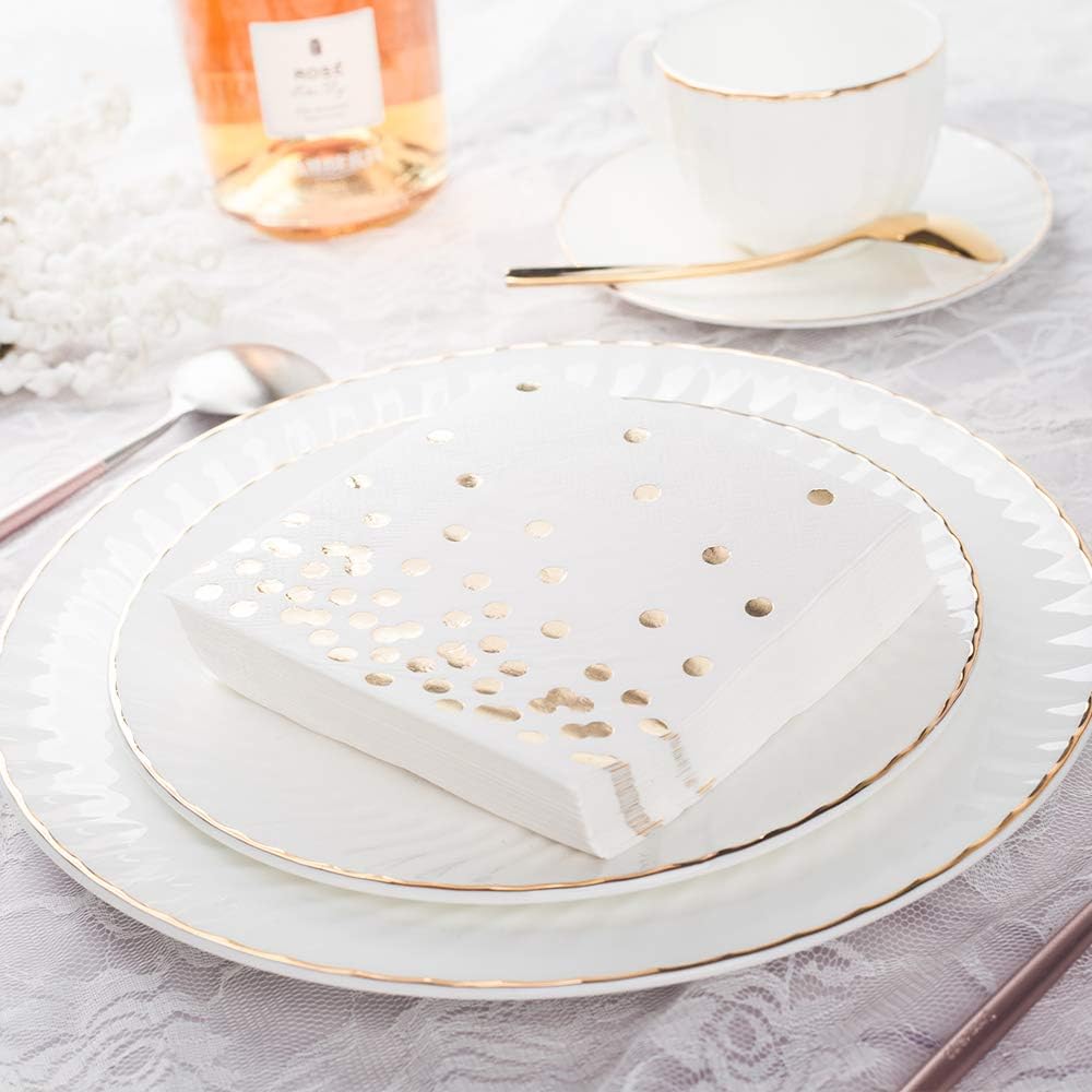 80 Pack of White Paper Cocktail Napkins with Gold Foil Polka Dot Confetti，Polka Dot Party Supplies(5 x 5 in，3-ply) (Gold) : Home & Kitchen