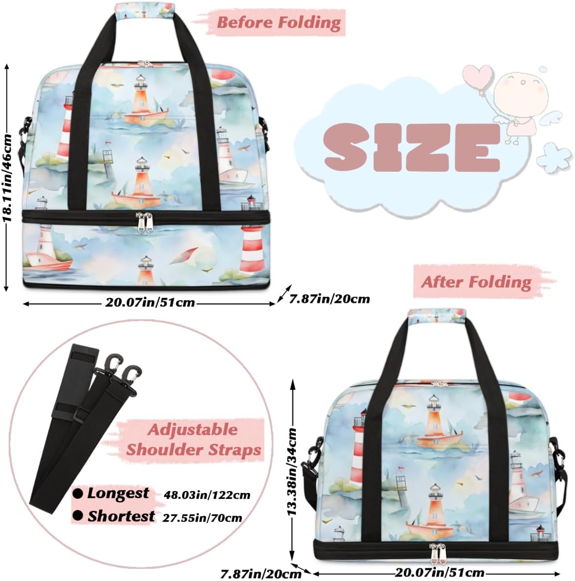 QsirBC Lighthouse Funny Pattern Gym Bag for Women Duffle Tote with Shoes Compartment Men Weekender Duffel for Dance Travel Sports Swimming Overnight