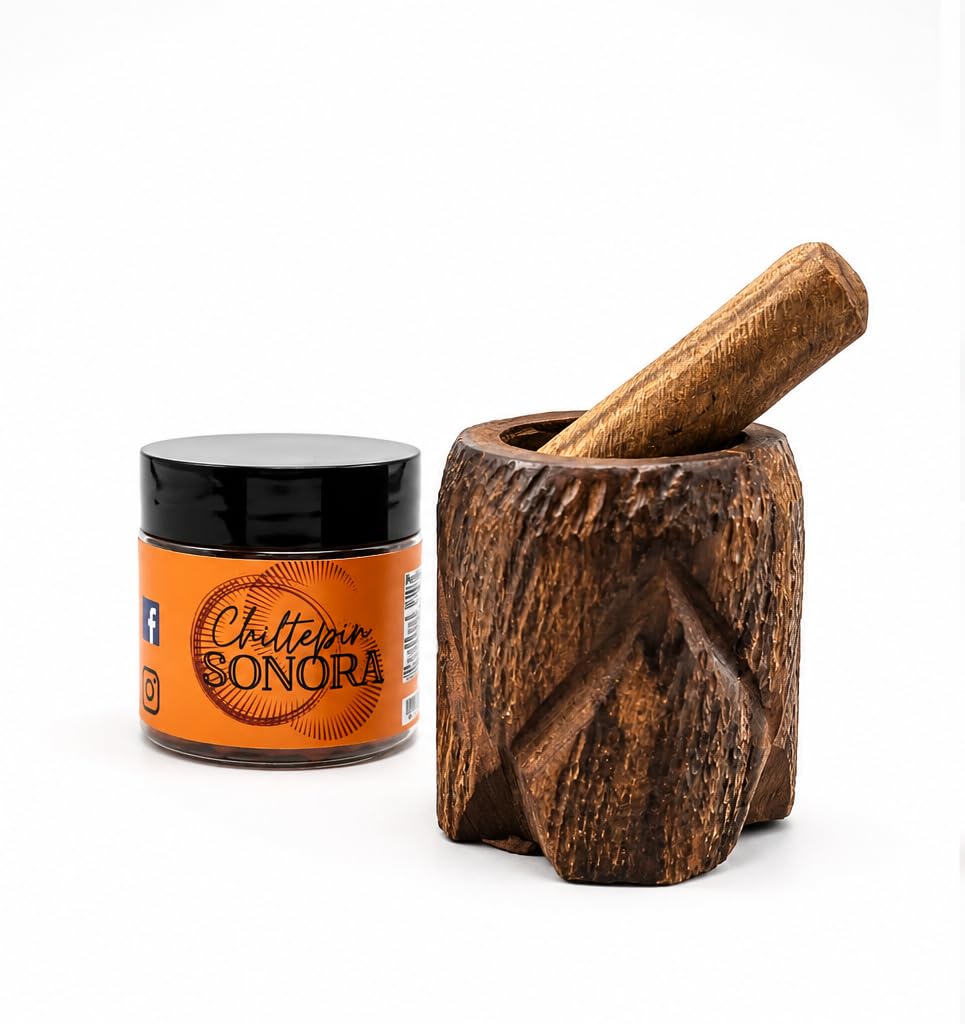 Chiltepin Sonora - Wood Grinder Mill - Spicy Sun Dried Peppers from Mexico- Pepper Flakes- Chiltepinero. Mini Mortar Sonora Ironwood Handmade Pepper Crusher (Ironwood Textured Finish)