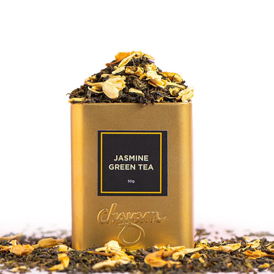 Chayam Jasmine Green Tea | 50g Loose Leaf with Real Jasmine Flowers & Natural Aroma | Antioxidant-Rich Detox Green Tea for Stress Relief & Relaxation | Premium Wellness Tin