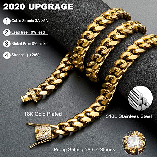 Wintrend Cuban Link Chain Necklace Or Bracelet With Bling Bling Cubic Zirconia Iced-Out Clasp For Men Boys 18K Gold Stainless Steel Hip Hop Miami Curb Chains(12Mm, 16") #TOP5