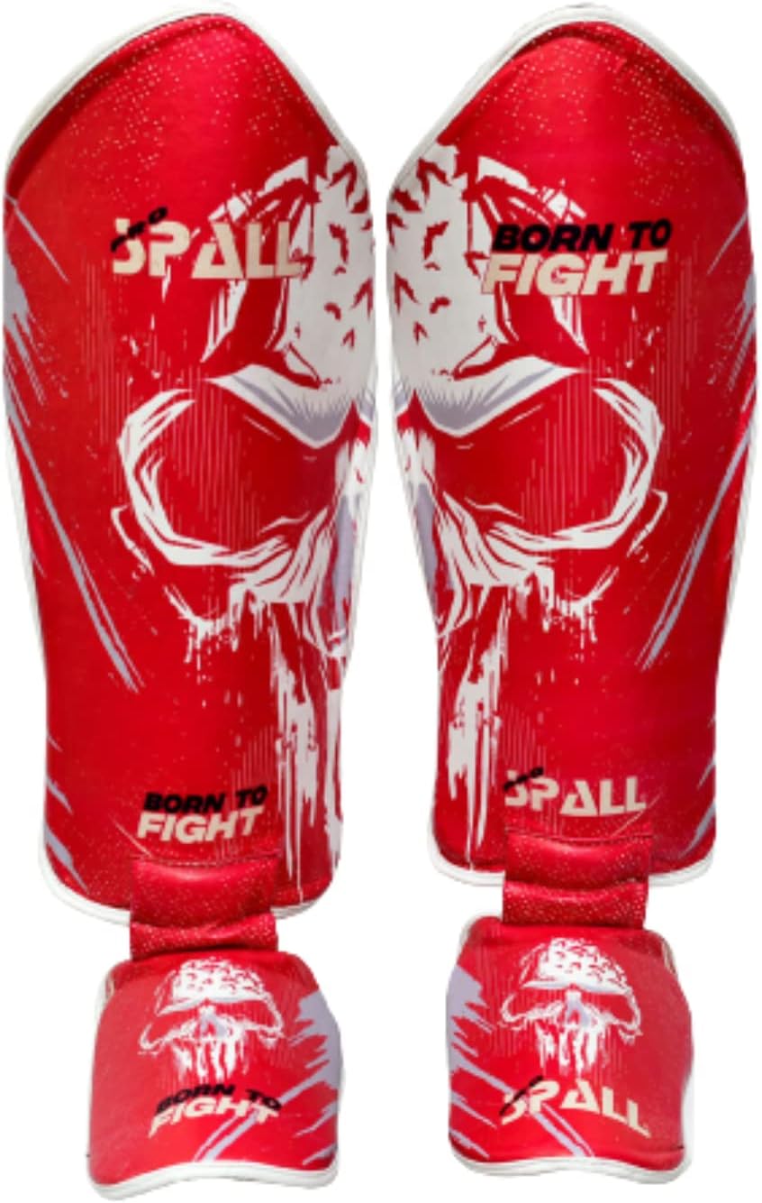 Spall Pro US Muay Thai Guards Shin Guards for Kickboxing Martial Arts BJJ Boxing Sparring with MMA Foot Protector - Born to Fight Red (Small/Medium)