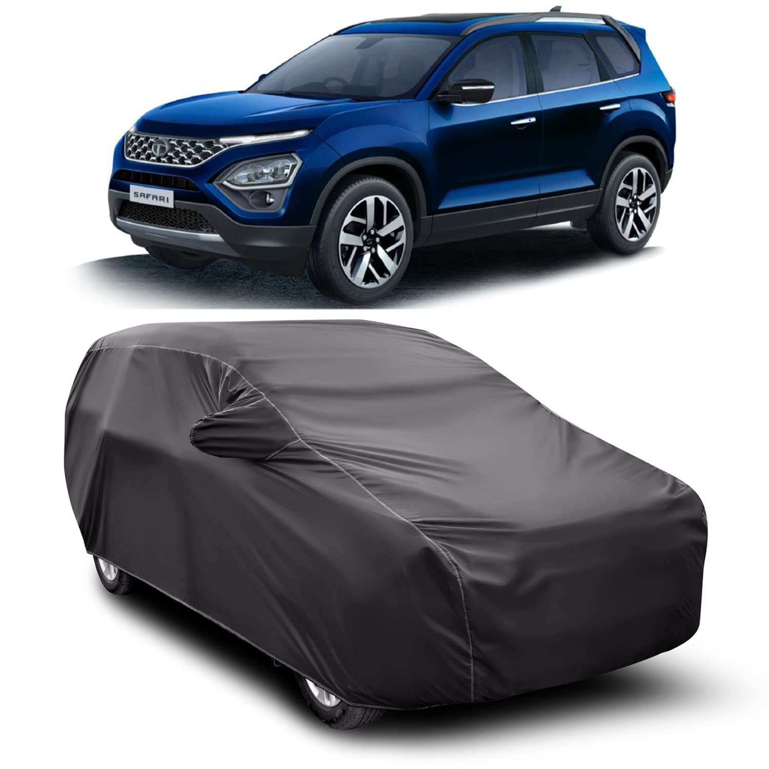 JEHOVA Water Resistant - Dust Proof Car Body Cover for Compatible with New Tata Safari XZA Plus Gold at Car Cover (Grey with Mirror Pockets)