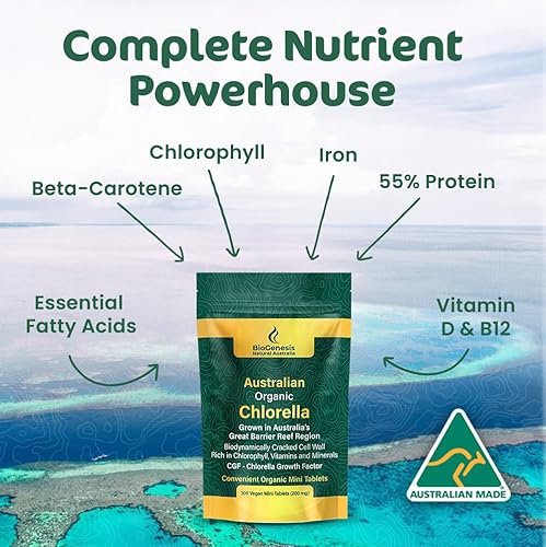 Miniatura 9 de Mini tabletas de Chlorella orgánica, australiana  Pared celular agrietada BioDynamic avanzada  Rico en clorofila, vitaminas, minerales, CGF  Mini