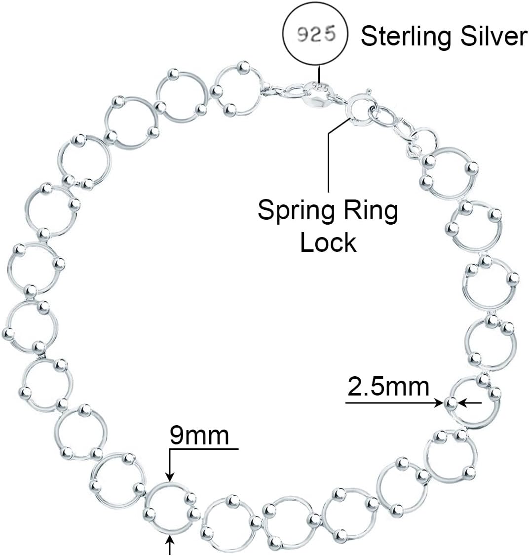 Savlano 925 Sterling Silver Beaded Circle Link Bracelet/Anklet - Hoop & Bead Round Link for Women Comes Gift Box- Made in Italy
