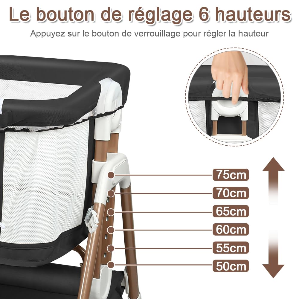 LANTUS Berceau 3 en 1, Lit Cododo, Berceau à Inclinaison, Hauteur réglable sur 6 Niveaux(50-75cm(50-55 - 60-65- 70-75)), jusqu'à 50kg, Roues 360º, Moustiquaire, 90 x 60 x 90-115 cm – Noir + Or