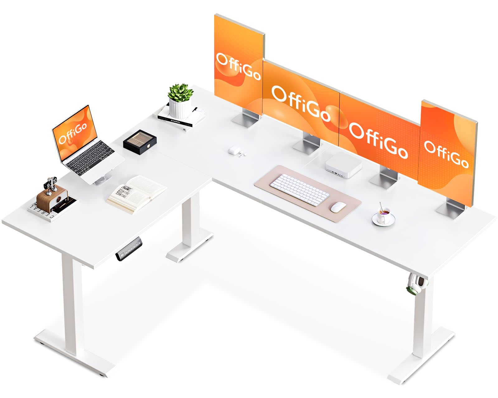 OffiGo Corner Desk, 180 x 140 cm Electric Standing Desk with 3 Memory Smart Panels, Reversible L Shaped Rising Table, Height Adjustable Table for Home Office Workstation, White