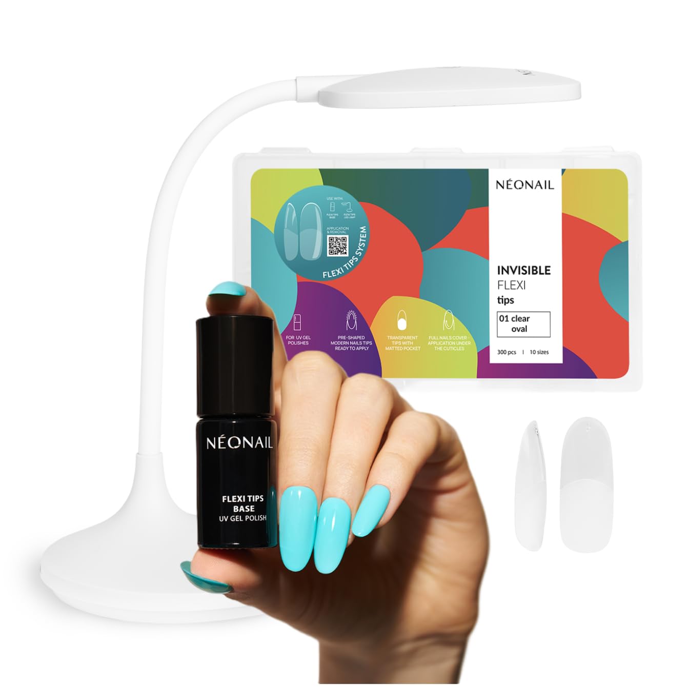 NÉONAIL Flexi Tips Set – Nagelverlängerung mit Invisible Flexi Tips Oval (300 Stück), LED Lampe & Flexi Tips Base Coat – Für natürlich aussehende Gel-Nägel in nur 20 Minuten