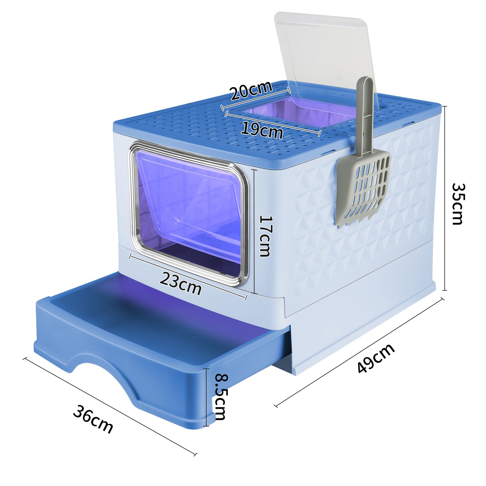 Bandeja para cama de gato, con pala incluida, bandeja extraíble, 2 aberturas (52 x 39 x 39 x 39 cm-Bleu+UV)