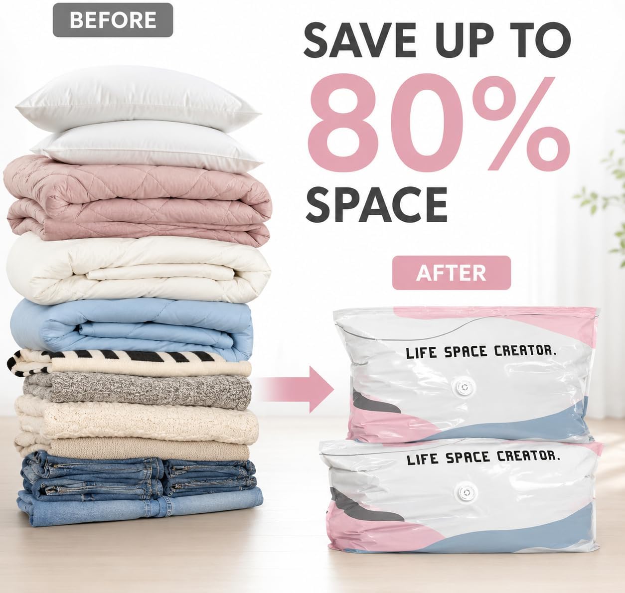 Pump-Free Vacuum Storage Bags, 2-Pack, 19.6 x 27.5-Inch Compression Bags for Clothes, Duvets, Blankets, Pillows, and Bedding, Reusable Space-Saving Storage Bags