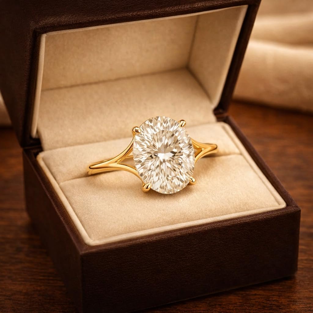 14K Yellow Gold Oval Cut Moissanite Engagement Ring for Women Solitaire 4 Prong Split Shank Bridal Ring Minimalist Promise Proposal Ring Anniversary Jewelry Gift for Her