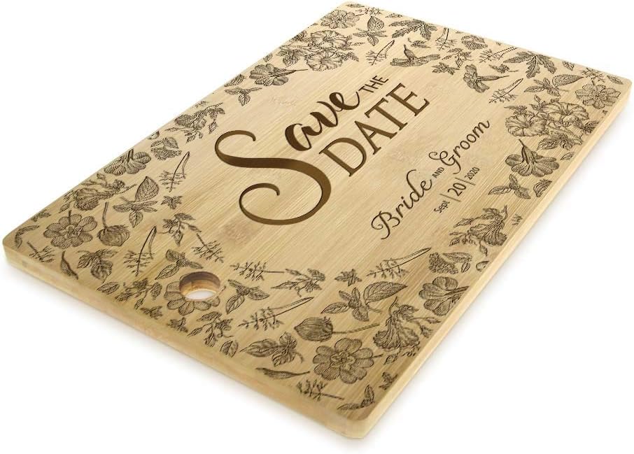 The Geeky Days Personalized Floral Save the Date Bamboo Butcher Block Custom Laser Engraved Wood Cutting Board for Kitchen Decor Wedding Bridal Shower Gift