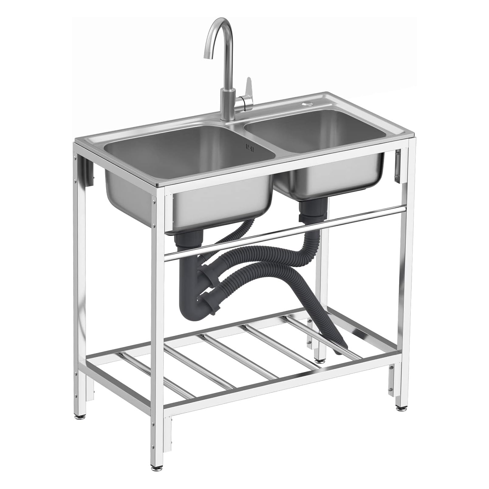 CZYWKDDPP Stainless Steel Freestanding 2 Compartments Commercial Kitchen Double Bowl Utility s with Legs for Outdoor, Restaurant, Backyard, Garage