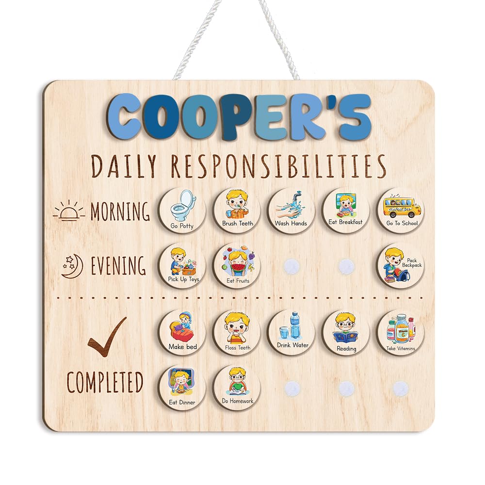 Personalized Wooden Daily Routine Chart 13.5x15", Visual Schedule, Daily Responsibilities for Kids, Morning Bedtime Routine Chart for Toddlers (13)