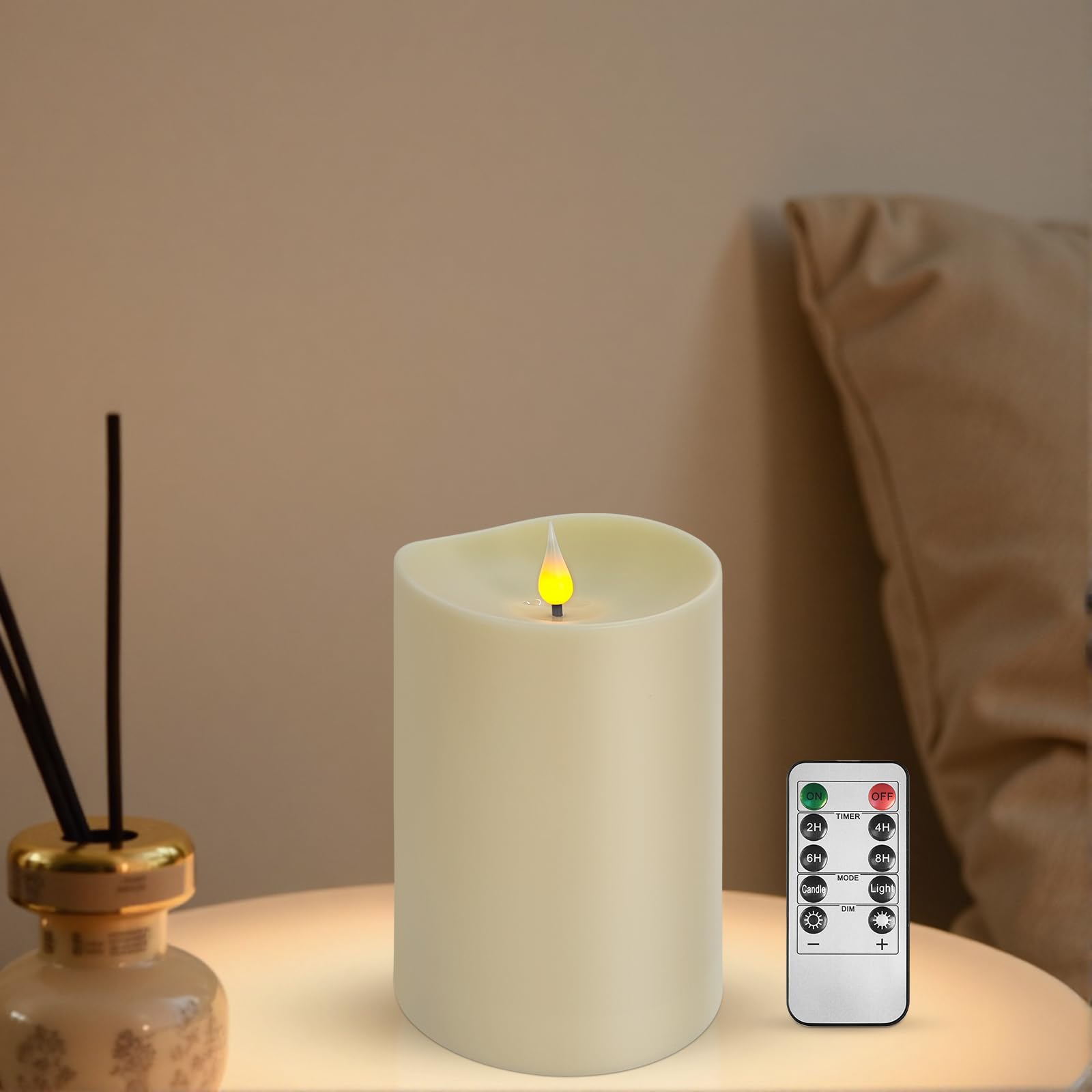 Flameless LED Candle with Remote, 4x6 Inch Plastic Pillar Candle, Battery Powered, Flickering Flame with Timer &amp; Dimming, Ivory – Safe, Realistic Home or Event Decor