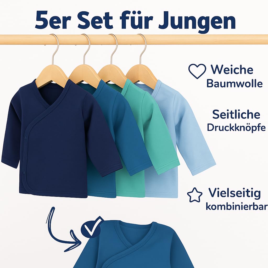LOREZA® Lot de 5 Cache-cœurs bébé garçon à Manches Longues – 100% Coton – Confortables et faciles à Enfiler