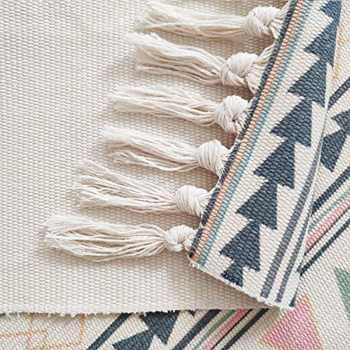 Poowe Cotton Woven Tassles Area Rug - Moroccan Throw Chindic Rag Rug Runner | Unique Rainbow Design Decorative Rugs | For Entryway Indoor Bathroom Bedroom Living Room Laundry Room 2'X 6' #TOP4