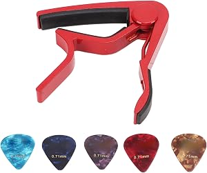 Guitar Capo and 6 Cool Guitar Picks Kit for 6 String Steel Acoustic and Electric Guitares High Strength Metal for Performance Black (Red)