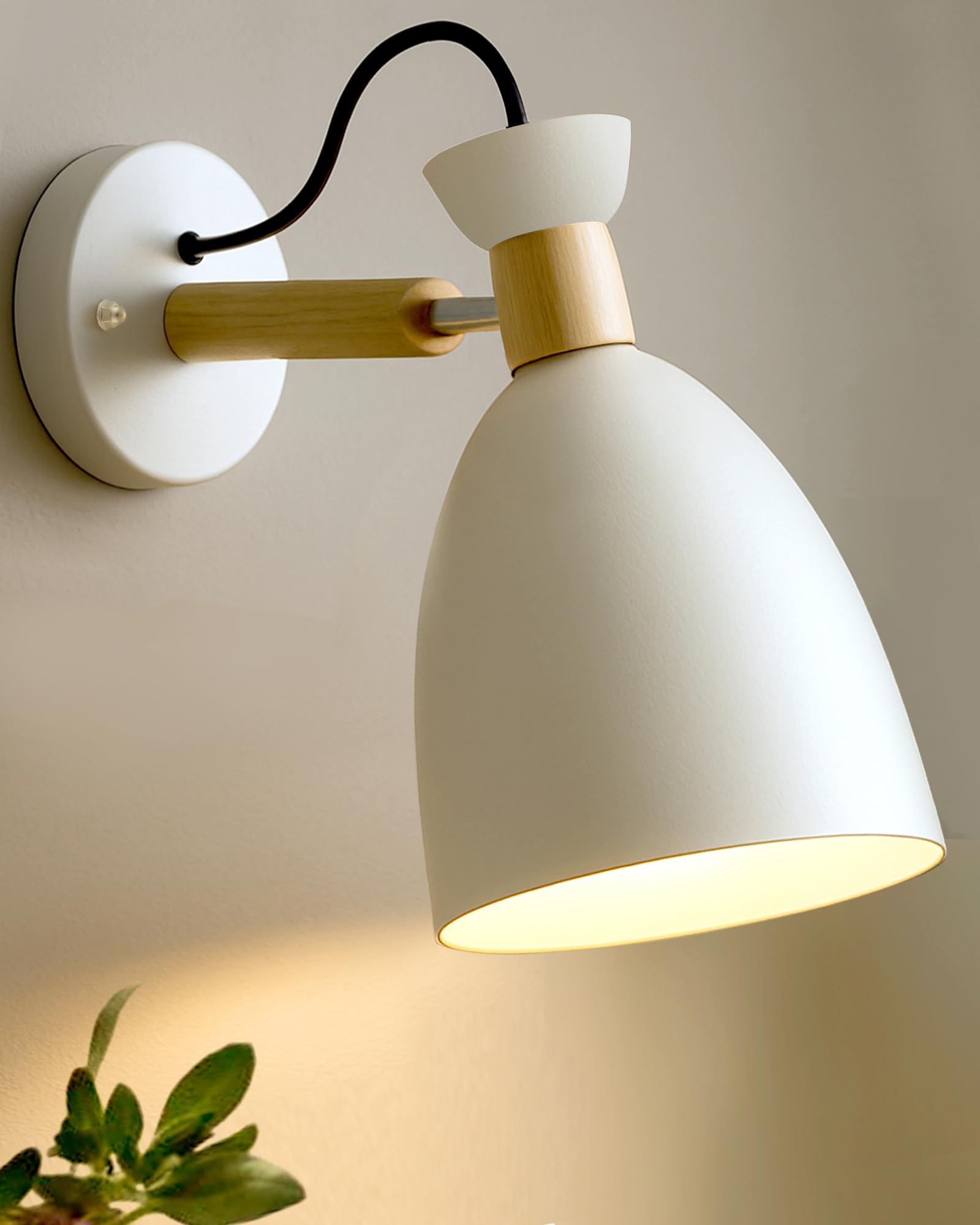 Homesake Wall Mounted Lamp with Adjustable Arm, Wood Finish Modern Wall Mounted Reading Lamp, Portable,for Hangings Light,with Lampshade, White-image-34