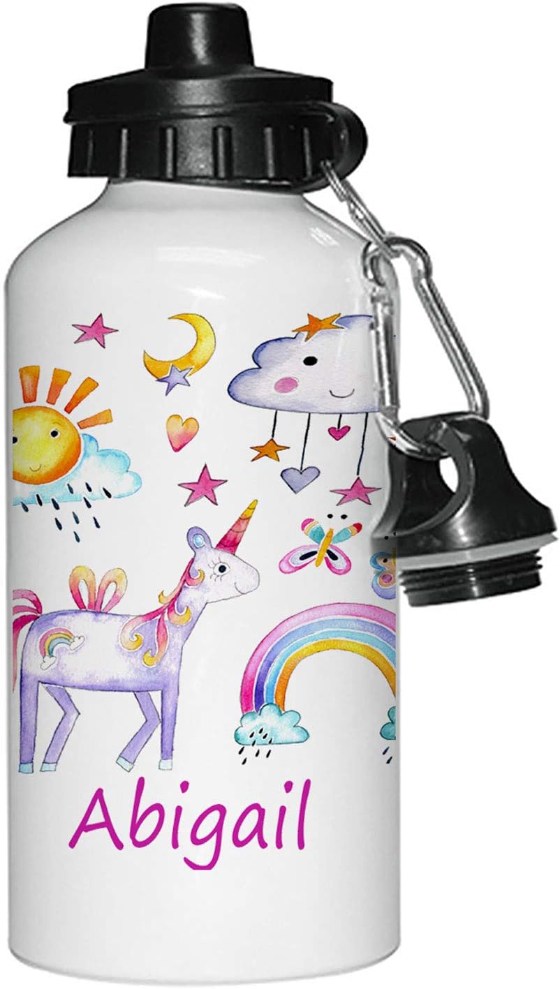 Tigerlilyprints Personalised Water Bottle, Unicorn Design, Screw Top Water Bottle, White, 400ml