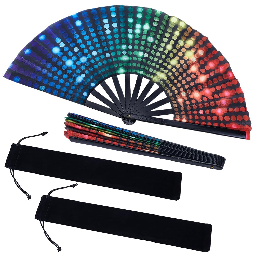 nbeads 2 Set 63cm Faltfächer Klapperfächer, Mit Farbenfrohem Regenbogen Design Und Aufbewahrungstaschen Tragbare Faltbare Deko Ventilatoren Für Rave Fanpartys Auftritte Und Outdoor Veranstaltungen