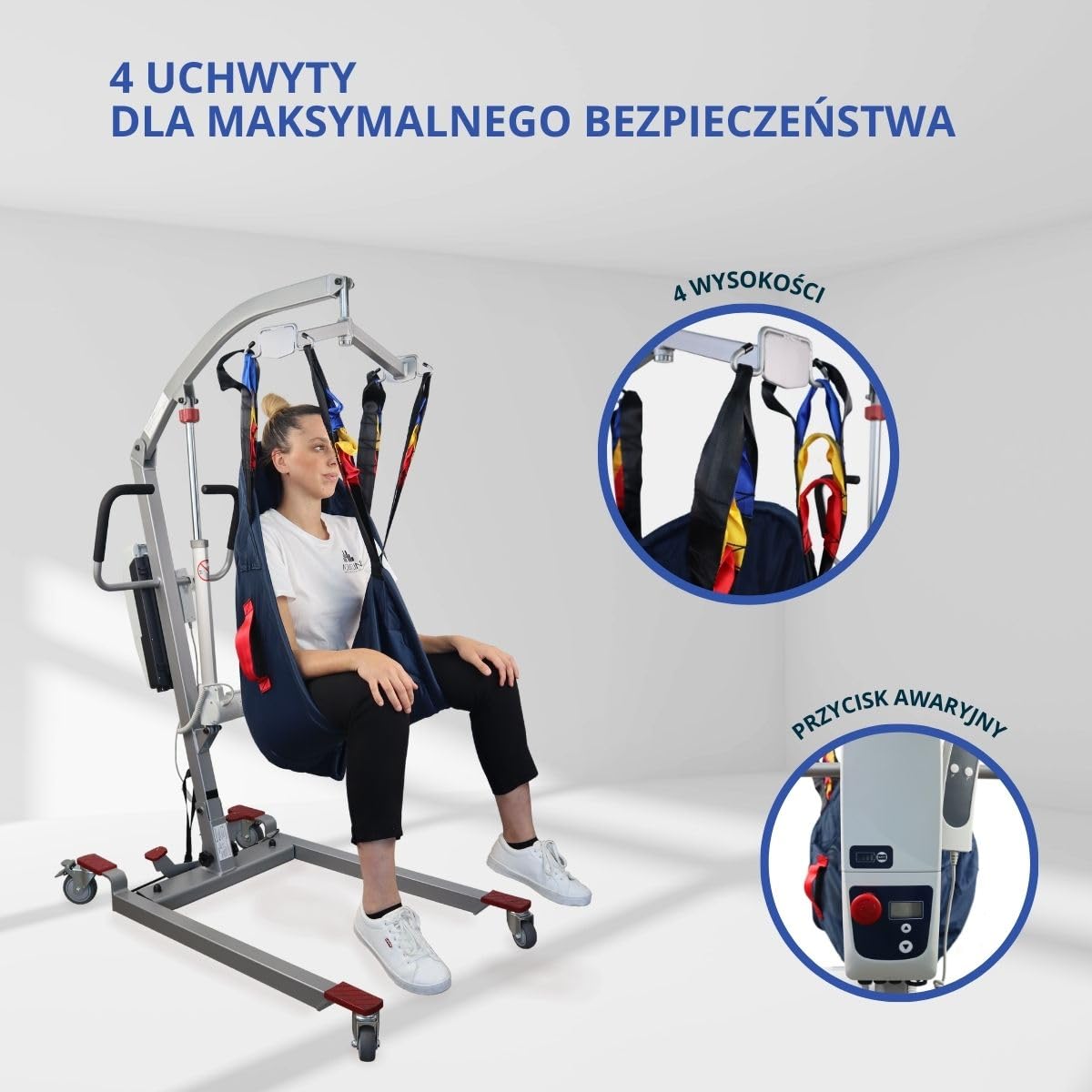 Mobiclinic®, Elektryczny Podnośnik Pacjenta dla Seniorów, Składany, do 180 kg, Rama Wstępnie Zmontowana, w Zestawie Uprząż do Przenoszenia, Regulowana Szerokość, Kółka z Hamulcami, Stalowy, Fortuna