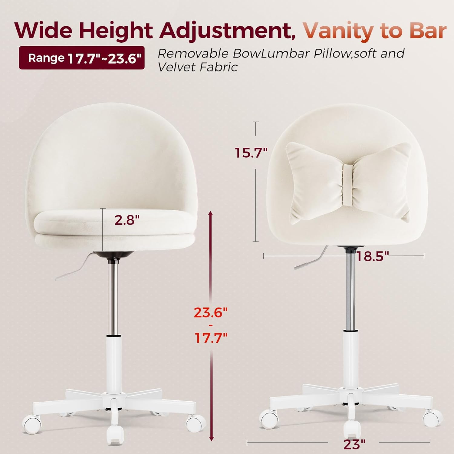 COMHOMA Vanity Chair with Velvet Fabric, Small Tall Armless Chair with Back, Cute Candy Chair for Girls Gift Living Room/Makeup Room/Bedroom/Kitchen (Height Use: Adjustable from Desk to Bar Height)