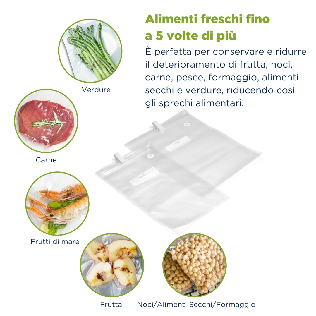 Laica VT3522 Wiederverwendbare Vakuumbeutel für Lebensmittel, Packung mit 10 Beuteln im Format 20 x 23 cm und 10 Beutel im Format 26 x 35 cm