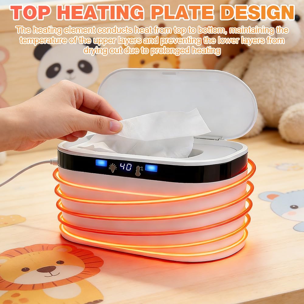 Feuchttuch Wärmer, Feuchttuchwärmer Baby, Feuchttücher-Heizung mit LED-Nachtlicht, 3 Heizstufen & Konstanttemperatur, USB Baby Wischtuchwärmer für 120 Tücher zum Zuhause und Unterwegs