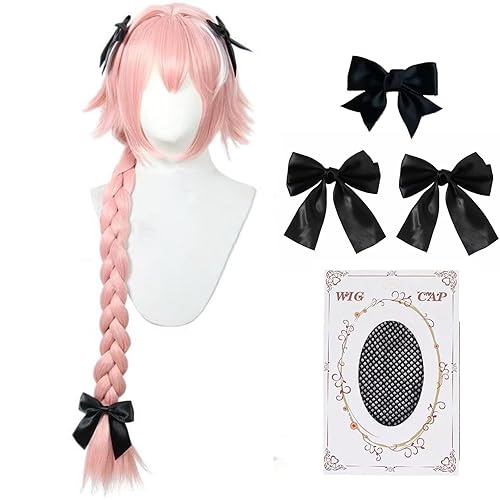Aqnhec Astolfo Cosplay Wig with 3 Black Bowknot,Long Pink Wig Braided Anime Costume Hair with Cap for Halloween Cosplay Party