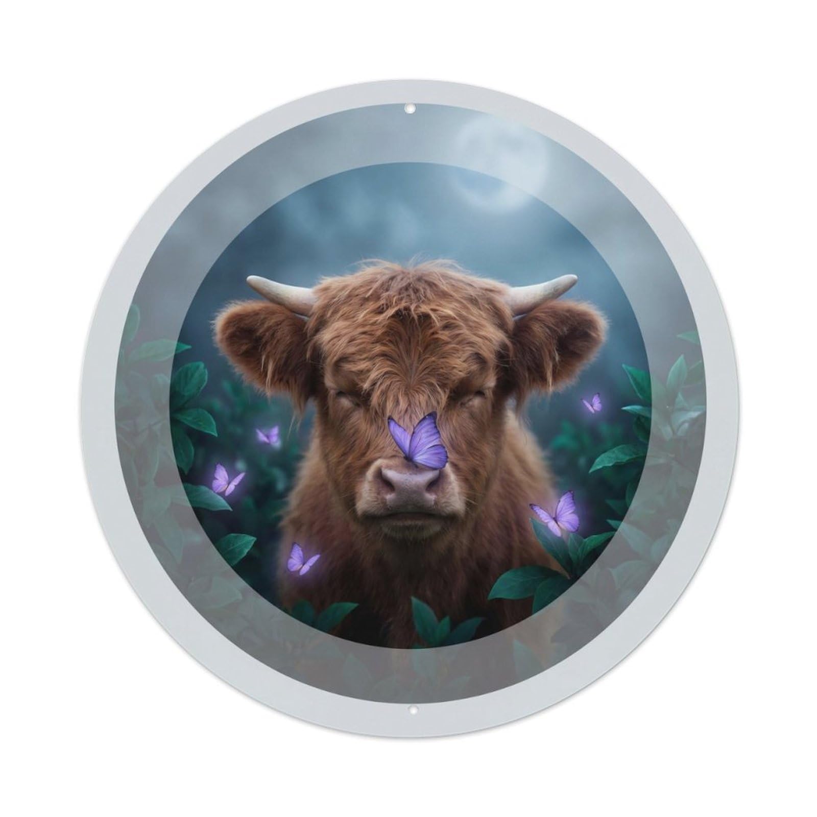 Moonlit Highland Calf Purple Butterfly Rustic Farm Animal Metal Tin Sign Plaque Wall Decor for Cafe, Man Cave, Club Bar, Office, Home Garden Round Metal Poster 8x8Inch