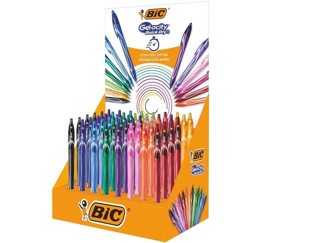 Bolígrafo y Roller marca BIC modelo Bic Gel-Ocity Quick Dry Expositor de 48 Boligrafos Retractiles - Grip de Goma - Punta Media de 0.7mm - Secado Ultra Rapido - No Mancha el Papel - Colores Surtidos