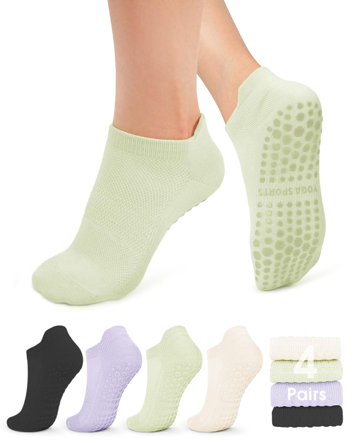 yeuG Pilates Socks for Women Non Slip Grip Socks for Yoga, Barre, Hospital, Barefoot Grippy Yoga Sock Womens Gifts 4 Pairs
