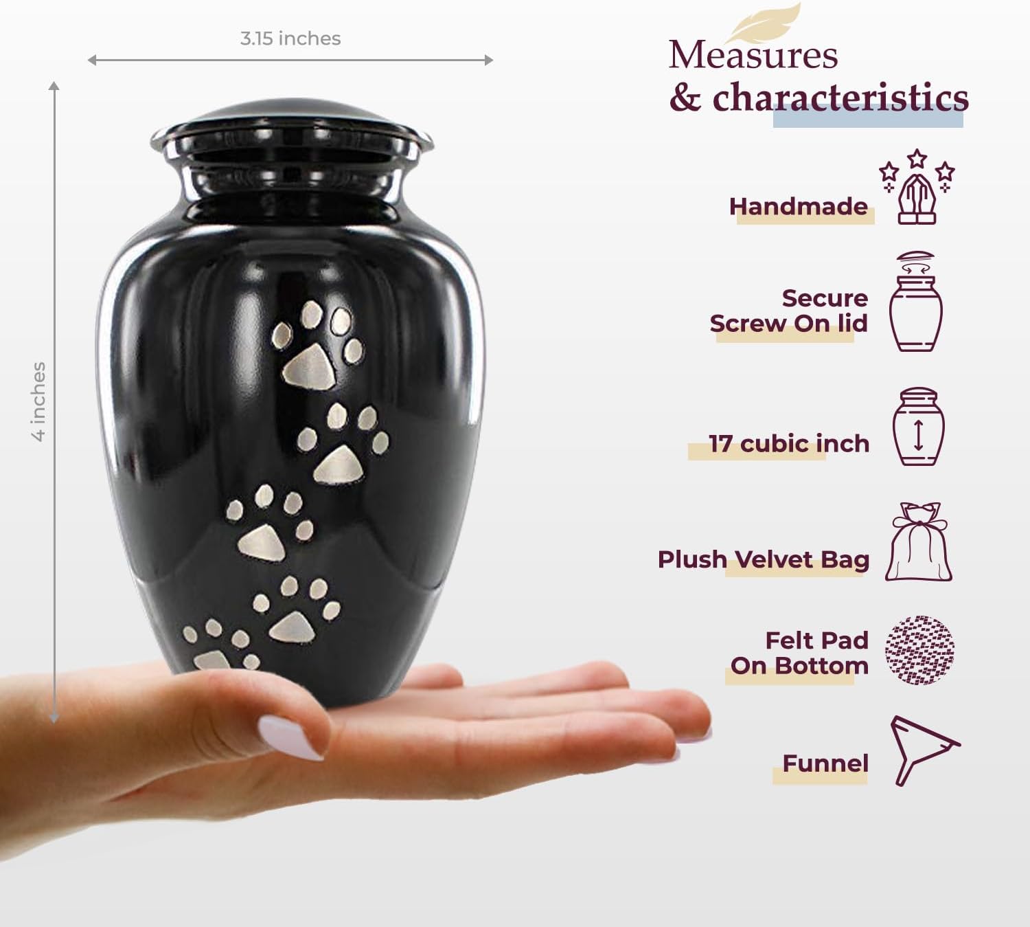 Trupoint Memorials Small Pet Urn for Dogs and Cats Ashes, Paws Print Black Cremation Urns for Pets up to 17 lbs - Image 2